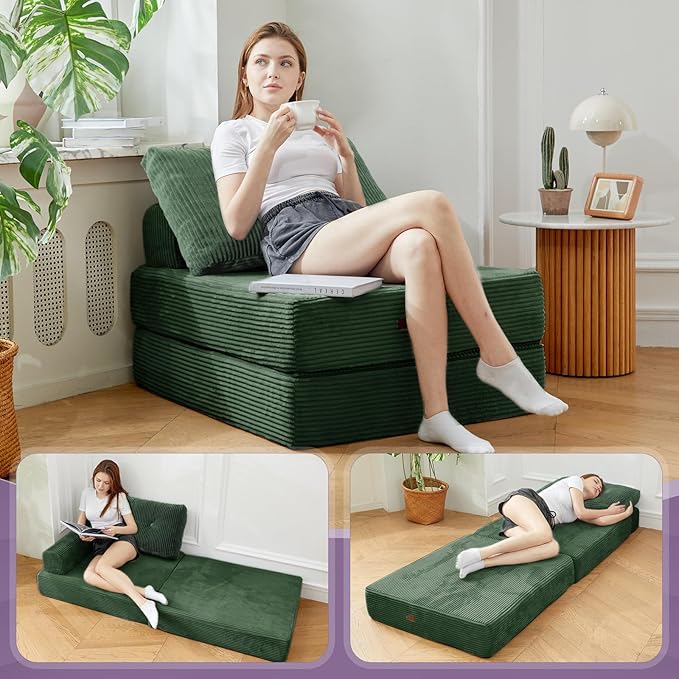 Folding Sofa Bed,3-in-1 Convertible Sleeper Chair Corduroy High-Density Foam with Pillow,Fold Out Chair Bed,Foldable Single Futon Chair for Living Room、Hotel,Single, Emerald Green