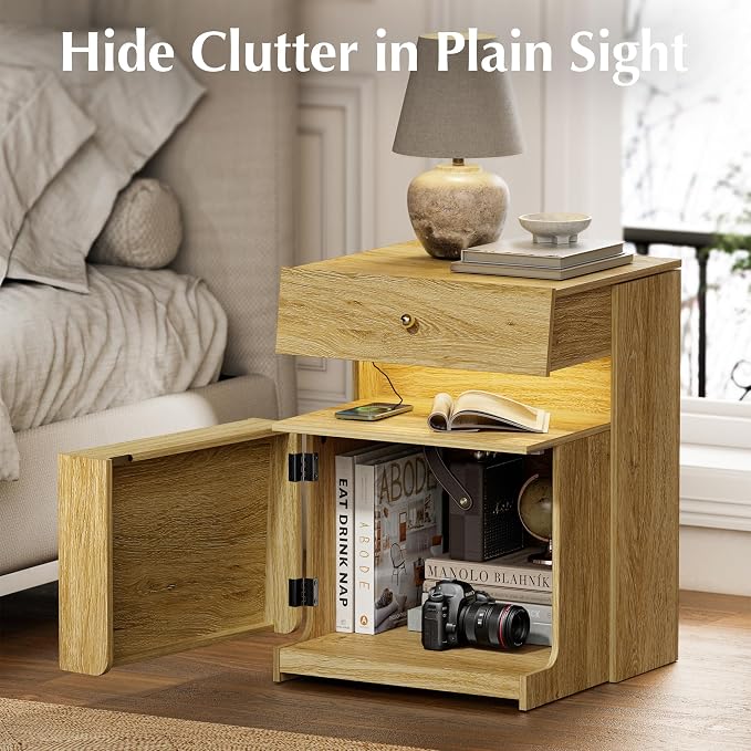 Night Stand with Charging Station, Modern LED Nightstand with Sliding Drawer & Storage Cabinet, Wood Bedside Table End Side Table for Bedroom Small Space, Natural Oak - Image 5