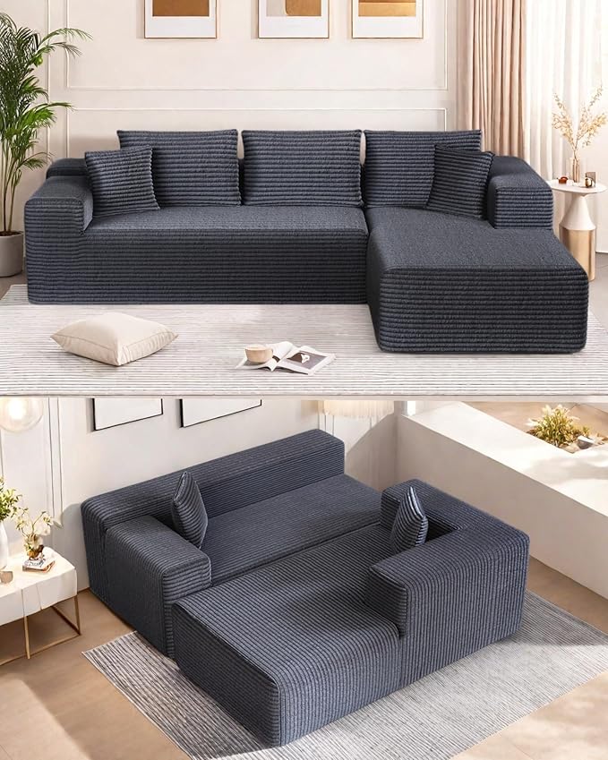 L-Shape Cloud Sectional Sofa, 104” Modern Modular Boneless Couch with Left Chaise Lounge, Compressed Floor Sofa with 5 Pillows & Deep Seat, Flannel Velvet Couch for Living Room, Dark Gray