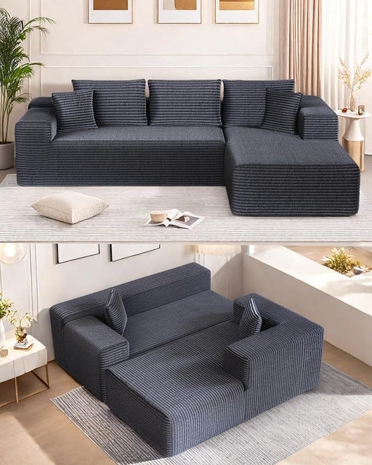 L-Shape Cloud Sectional Sofa, 104” Modern Modular Boneless Couch with Left Chaise Lounge, Compressed Floor Sofa with 5 Pillows & Deep Seat, Flannel Velvet Couch for Living Room, Dark Gray