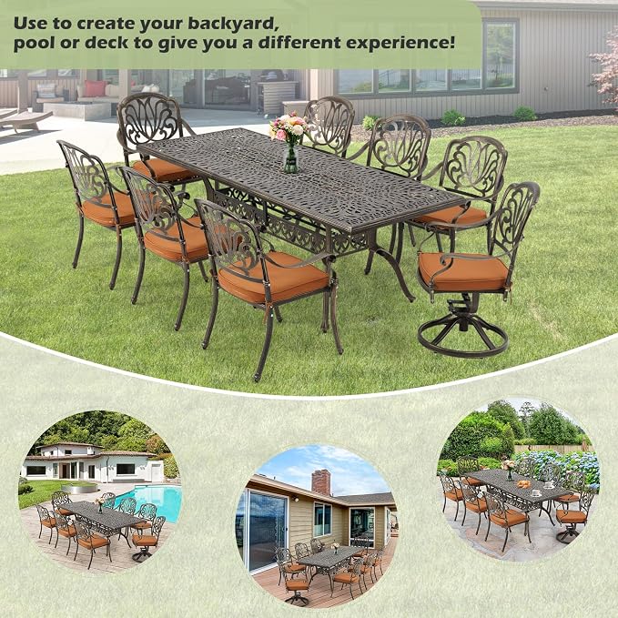 [Hi-End]9-Piece Outdoor Dining Set All Aluminum Patio Table and Chairs Set with 2 Swivel Chair & 6 Patio Chair Outdoor Dining Table Set for 8 Include 86.6’’ Rectangular Patio Table with Umbrella Hole - Image 7