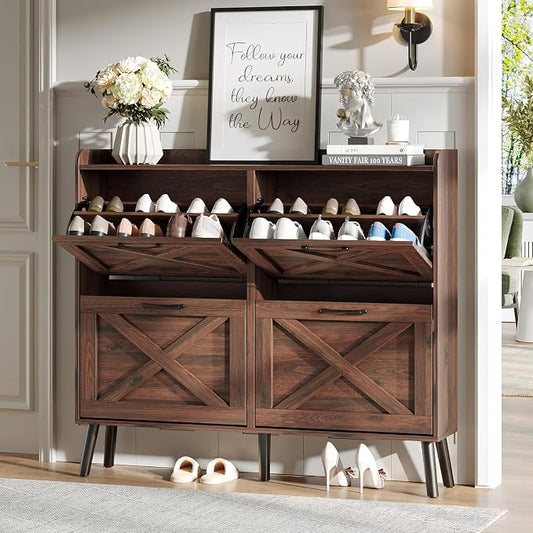 Maupvit Large Shoe Storage Cabinet with 4 Flip Drawers, Narrow Shoe Cabinet for Entryway with Wooden Legs, Freestanding Hidden Shoe Rack Organizer ＆ Metal Hinges, Walnut by MaupvitFurniture