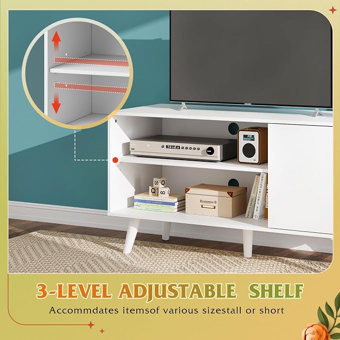 WLIVE TV Stand for 43 Inch TV, Small Entertainment Center with Storage Cabinet & Adjustable Shelves, Mid-Century Modern TV Stands for Living Room and Bedroom, TV Console Suit 32 Inch TV, White - Image 5