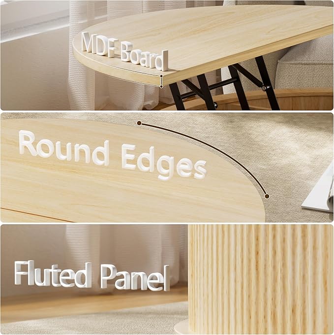 Round Lift Top Coffee Table, 31.5" Fluted Wood Accent Coffee Table with 180° Curved Sliding Door, Hidden Storage, Mid Century Modern Center Table for Living Room Office Small Spaces, Oak