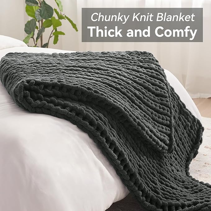 Negwoo Chunky Knit Throw Blanket, 30''*40'' Knitted Throw Chenille Yarn for Bed Couch, Handmade Dark Grey Crochet Big Thick Blanket, Machine Washable Cute Comfy Blanket for Home Decor