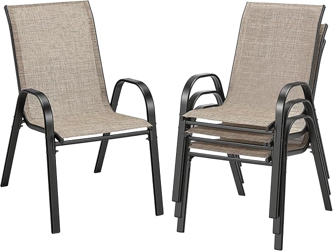 HOMREST Patio Chairs Set of 4,Outdoor Dining Chairs with Armrests,Backyard Stackable Chairs with Breathable Fabric & Metal Frame for All Weather,Brown by HOMREST