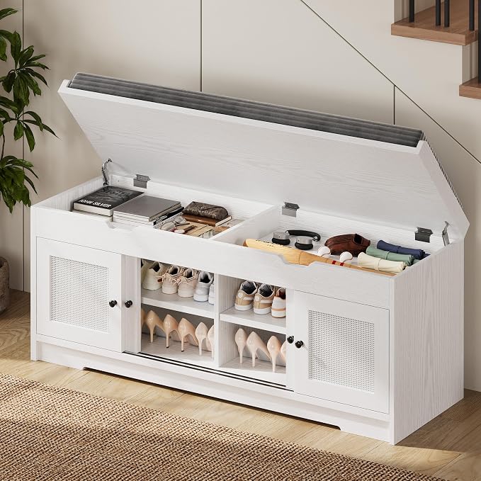 LIKIMIO 47.2" Shoe Bench with Lift Top Storage, Entryway Bench with Cushioned Seat, 2-Tier Rattan Shoe Cabinet with Adjustable Shelf, Storage Bench for Bedroom, Living Room, Hallway, White by LIKIMIO