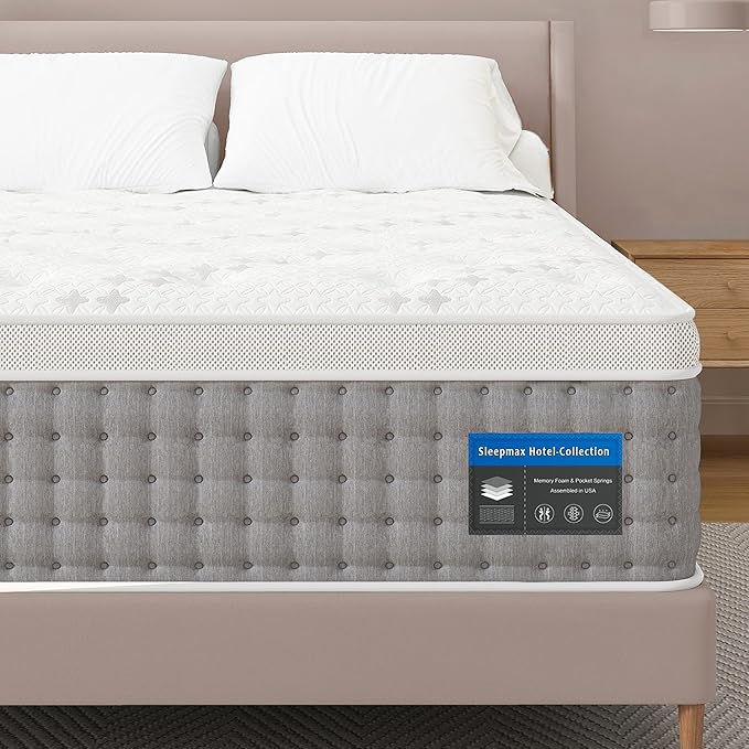 Sleepmax King Mattress 14 Inch - Hotel-Collection Hybrid Mattress Pain Relief - Extra Lumbar & Hip Support - Cooling Gel Bed in a Box Spine Alignment - CertiPUR-US, Fiberglass-Free, 365-Night Trial