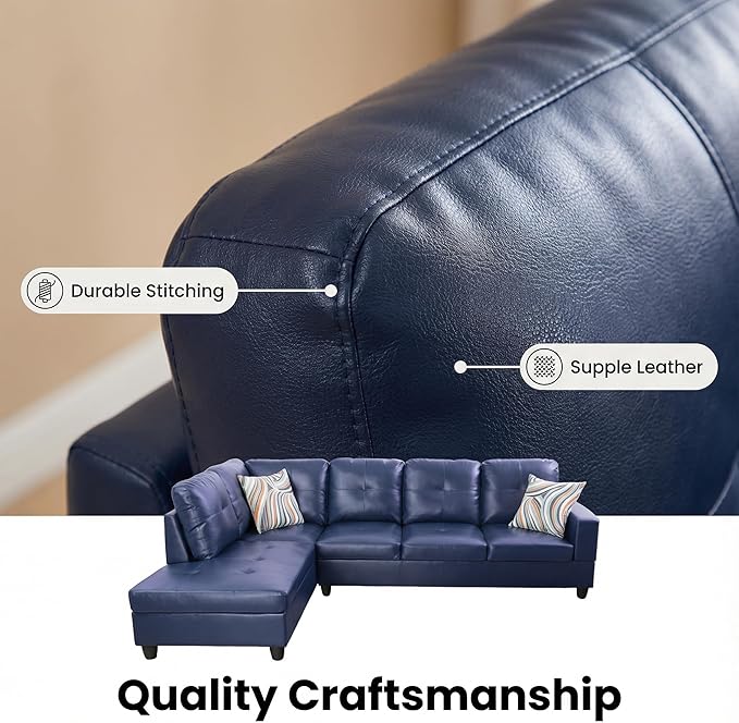 103.5 Inch Modern L-Shaped Couch, Faux Leather Sectional Sofa with Chaise Lounge, 4-Seater Couch with Accent Pillows for Living Room, Apartment, Blue