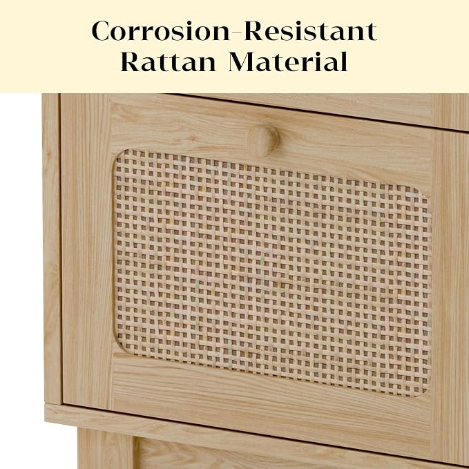Modern Rattan Nightstand, Wicker Rattan Stand with Drawer and Charge Station, Wooden Bedside Table for Small Spaces, Natural Wood Side Table for Bedroom - Image 6