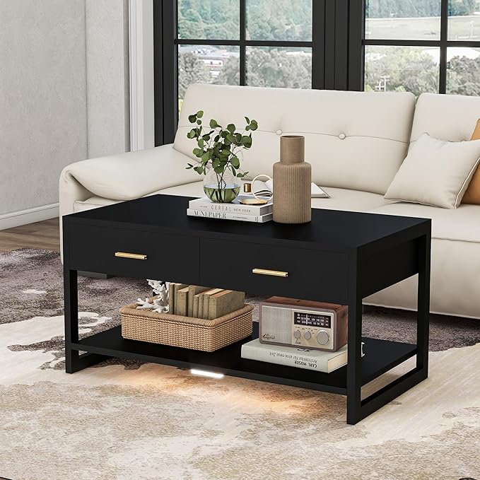 Coffee Table with Sensor Light - Modern Storage Coffee Table with Drawers and Shelf for Living Room, Office, Outdoor