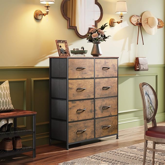 WLIVE Fabric Dresser for Bedroom, Tall Dresser with 8 Drawers, Storage Tower with Fabric Bins, Double Dressers, Chest of Drawers for Closet, Living Room, Hallway, Dorm, Rustic Brown Wood Grain Print - Image 4