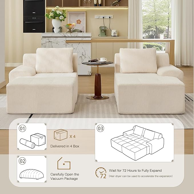 Boneless Couches for Living Room, Corduroy Couch, Modular Sectional Sofa, Big Comfy Couch, Modular Cloud Sofa with Deep Seat, Sofa Bed (White, 4 Pieces-Bedshape)