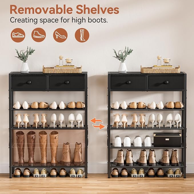 Shoe Rack for Entryway, 5 Tier Shoe Organizer with 2 Non-Woven Drawers, Metal Storage Shoe Shelf for 16-20 Pairs of Shoes, with Wooden Top and Steel Frame, Shoe Stand for Closet Charcoal - Image 7