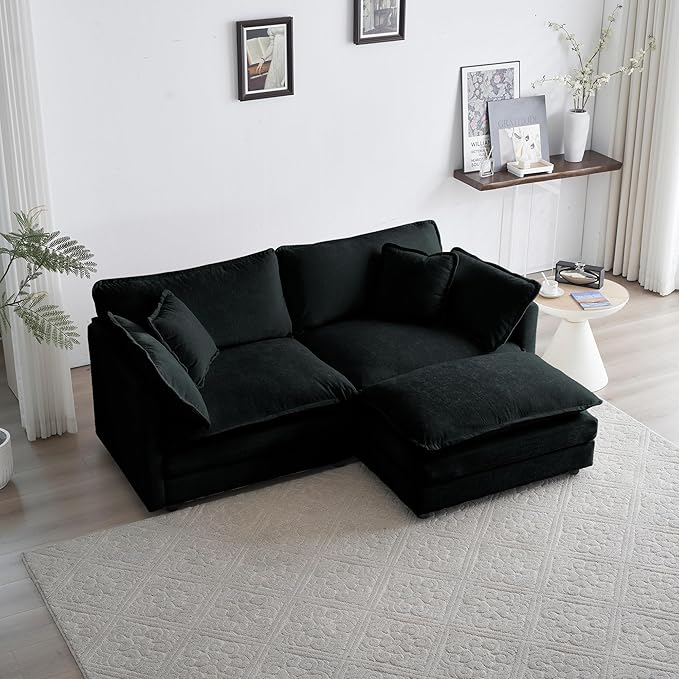KEIKI Loveseat Sofa, Upholstered 2 Seater Couch with 1 Footrest, Oversized L-Shaped Sectional Sofa with Ottoman for Living Room Bedroom Office, Black