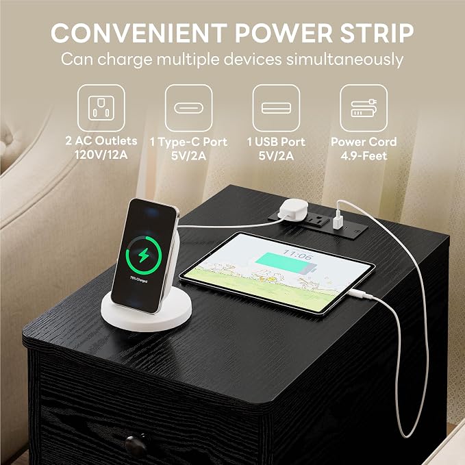 LIKIMIO Nightstand with Charging Station, Narrow Bedside Table with 3 Drawers, End Table with USB Ports and Outlets, Side Table for Living Room/Bedroom Modern - Image 4