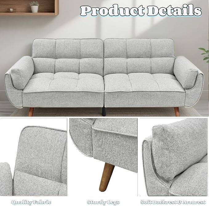 Convertible Futon Sofa Bed, Modern Futon Couch with 2 Pillows, Small Futons Couch with Adjustable Armrest & Backrest, Loveseat Sofa Bed for Living Room, Bedroom, Gray