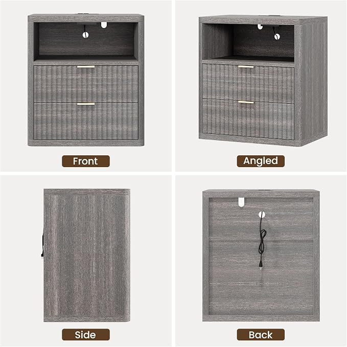 Fluted Nightstand with 2 Drawers Bed Side Table Wide End Table Modern Night Stands with Large Storage Charging Station Mid Century for Bedroom Living Room Office,Gray - Image 7