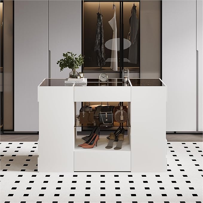 Kikihouse Modern Closet Island with 10 Drawers, LED Wardrobe Armoire Island with Glass Top, Luxury Walk-in Closet Island Storage Cabinet with Display Shelf for Cloakroom (White+Amber Glass)