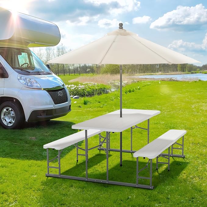 VINGLI Folding Picnic Table and Bench Set, Portable Outdoor Dining Furniture for Camping, Patio, Backyard, Wood Grain Plastic Top with Metal Frame (White) - Image 3