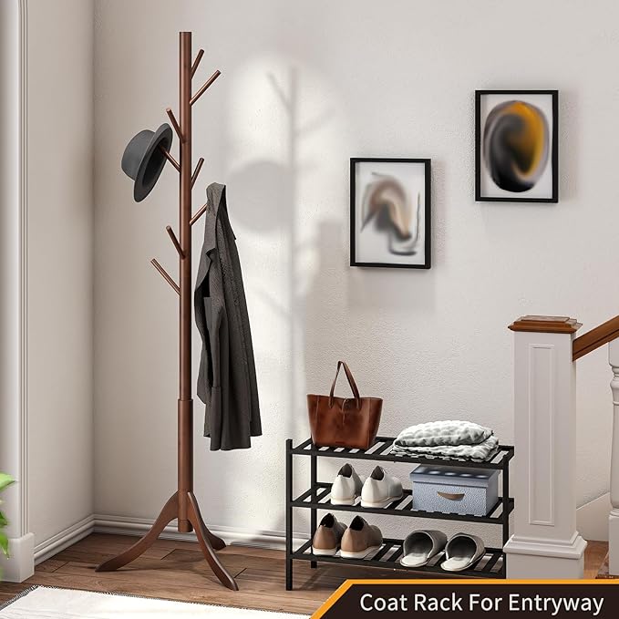 Coat Rack Freestanding, Coat Stands Entryway, Bamboo Coat Rack Hat Hanger 8 Hook for Jacket, Purse, Scarf Rack, Umbrella Tree Stand (Brown) - Image 5