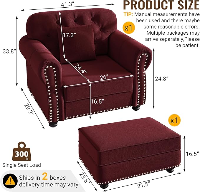 KEIKI 41" Velvet Chesterfield Sofa with Rolled Arms & Nailhead Trim & 1 Ottoman, Modern 1-Seater Button Tufted Couch with High Resilience Cushion & 1 Pillow, Easy Assembly, for Living Room, Burgundy