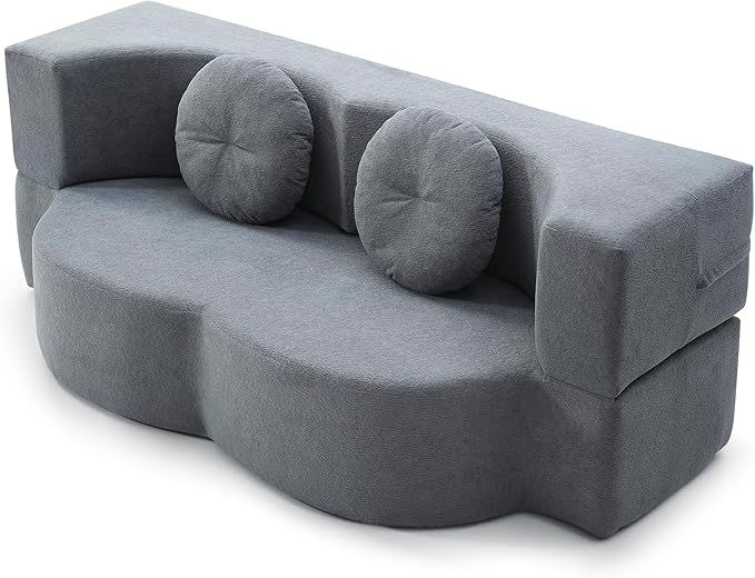 KEIKI 2-in-1 Folding Sofa Bed with Pillow, Queen Sleeper Sofa, Floor & Futon Loveseat Couch, Foam Folding Mattress for Living Room, Guest Use, Office, Apartment, No Assembly Required, Grey