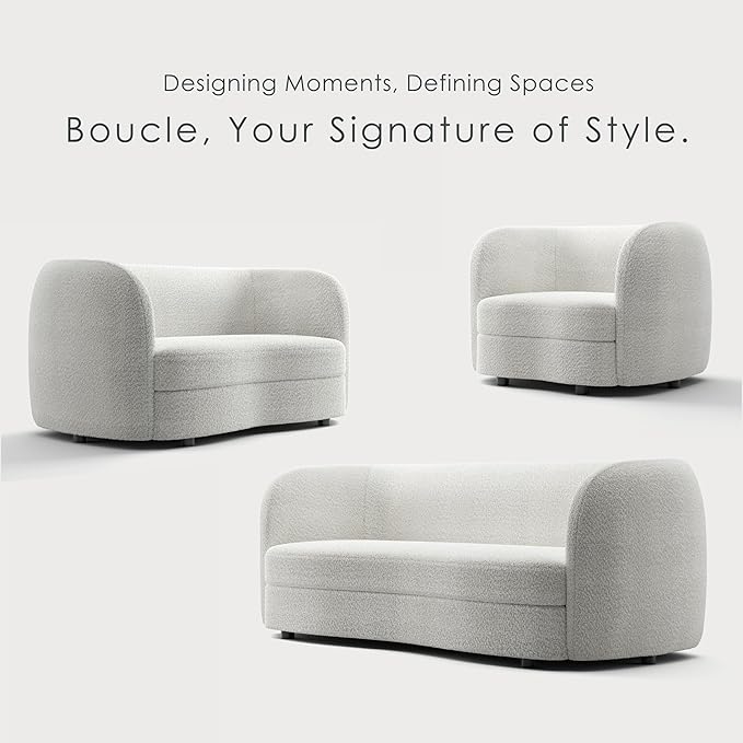 Furniture of America Nimiane Modern Boucle 3 Piece Sofa Set with Curved Arms and Wooden Legs, Accent Furniture Sets for Living Room, Home Office, Bedroom, Lounge, Off-White