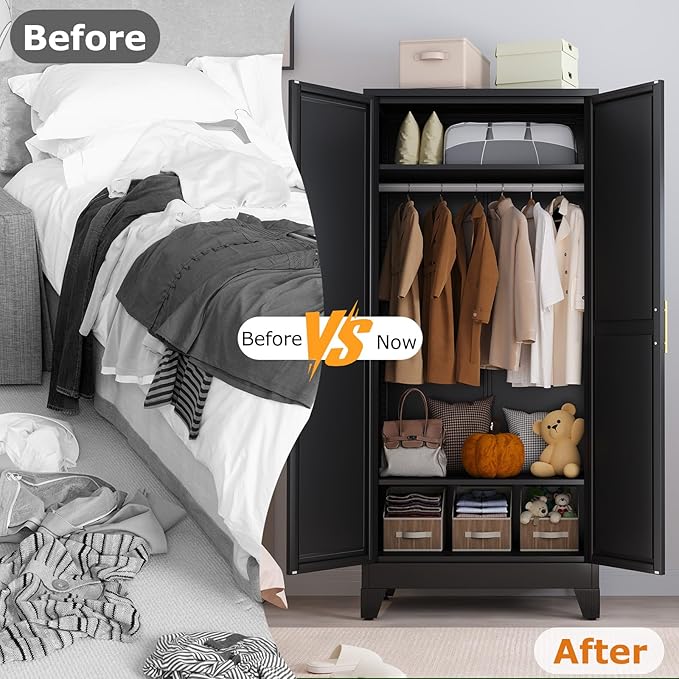 Metal Wardrobe Storage Cabinet with Mirror and Hanging Rod,71'' Metal Clothing Cabinet with 2 Doors and 2 Adjustable Shelves for Bedroom, Laundry Room, Cloak Room (Black)