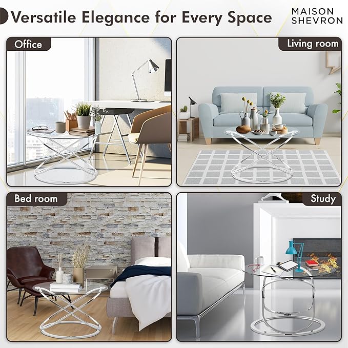 Modern Silver Round Glass Coffee Table – 26.7” Tempered Glass Top & Luxe Chrome Cross-Leg Base – Stylish Accent Table for Living Room, Apartment or Condo – Easy Setup – Space-Saving & Statement-Making