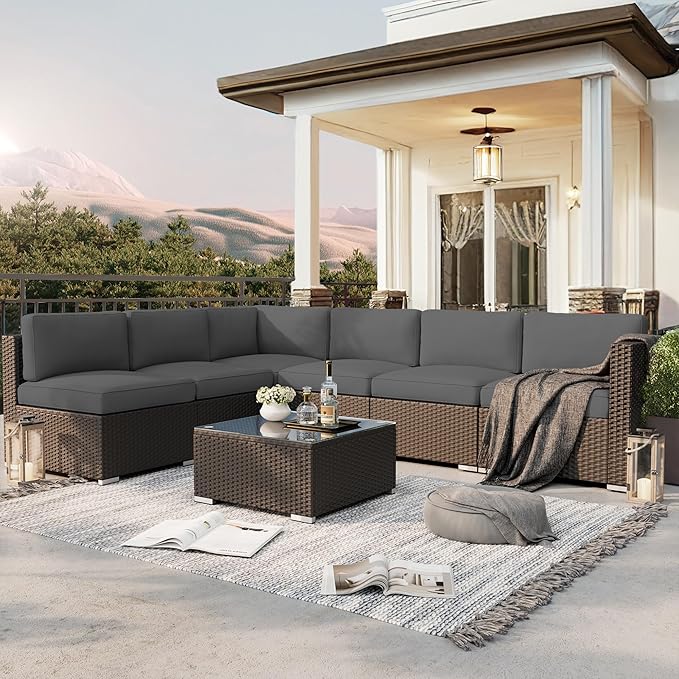 SUNCROWN 7-Piece Outdoor Patio Furniture Sofa Set All-Weather Black Wicker Sectional Conversation Set with Modern Glass Coffee Table and Cushions, Backyard, Garden, Poolside, Grey