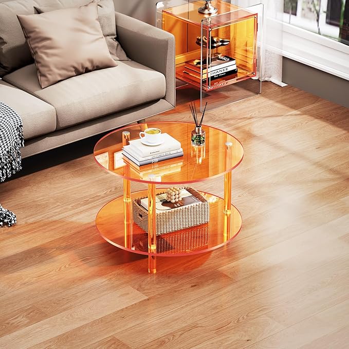 Acrylic Coffee Table, Small Round Modern Coffee Table for Living Room,23.6" D x 23.6" W x 16.5" H