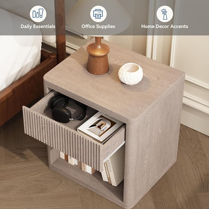 DUMOS 22.7" Modern Night Stand with Drawer and Open Shelf, Mid Century Bedside Table for Bedroom, Wood End Table with Fluted Front, Sturdy Compact Sofa Side Table, White Oak - Image 4