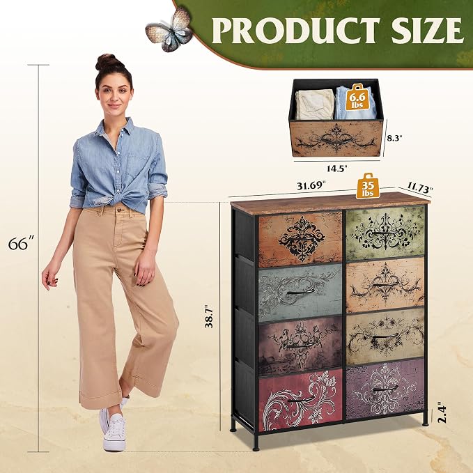 WLIVE Fabric Dresser for Bedroom, Tall Dresser with 8 Drawers, Storage Tower with Fabric Bins, Double Dresser, Chest of Drawers for Closet, Playroom, Dormitory, Pattern - Image 3