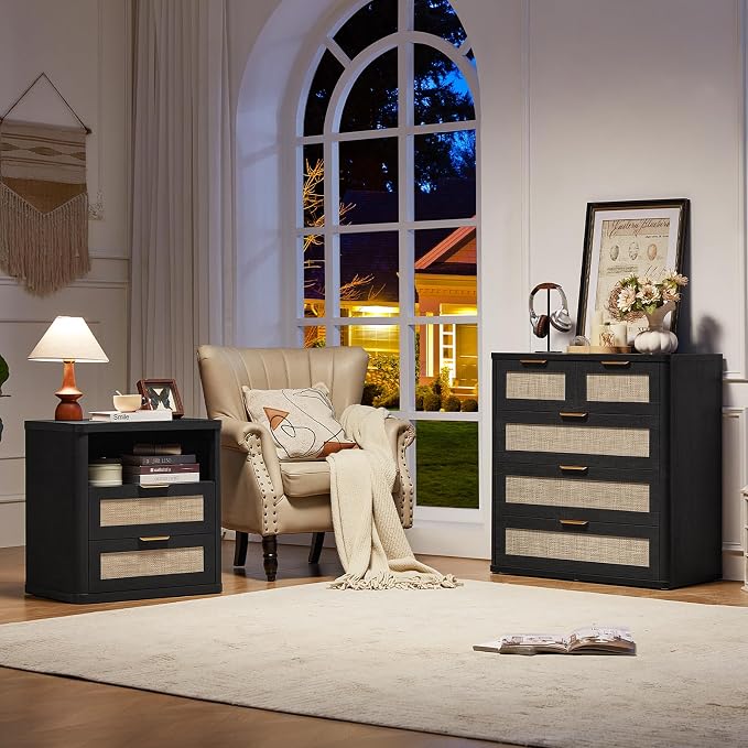 LEYAOYAO Rattan Dresser for Bedroom Set of 2, 33.5" Tall Chest of Drawers, Modern 5 Drawers Boho Dressers with Storage, Light Oak Dresser Wooden Closet Organizer for Living Room, Hallway, Black - Image 5