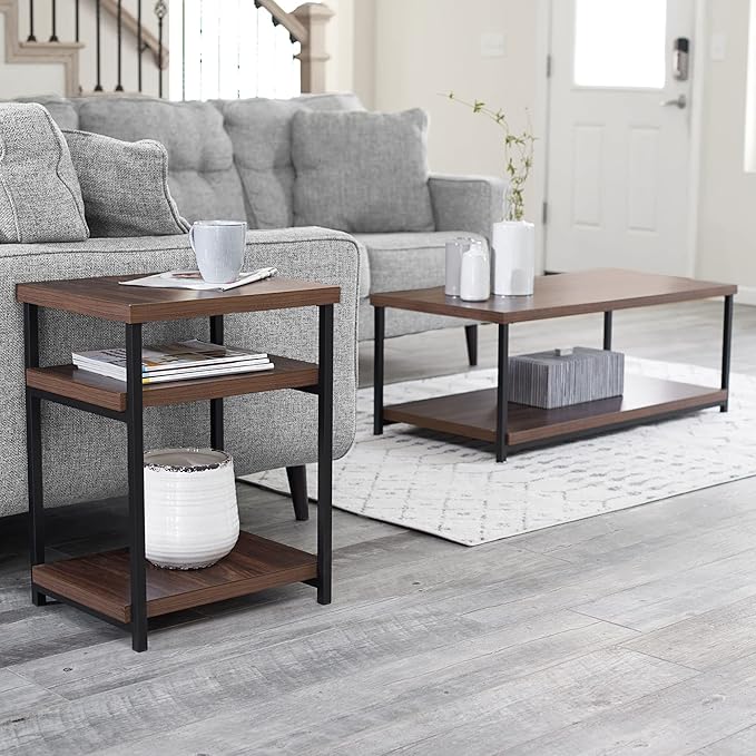 Household Essentials Jamestown Rectangular Coffee Table with Storage Shelf Mid Century Walnut Wood Grain and Black Metal