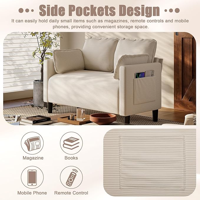 Corduroy Oversized Armchair 48" Extra Wide Accent Chairs W/Double Solid Wood Frame for Living Room Modern Lounge Chair, Upholstered Cloud Single Sofa with Pillows