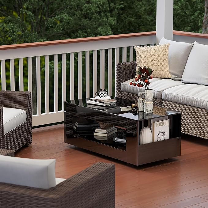 Glossy Coffee Table with Open Shelf Storage - High Gloss Modern Cocktail Table for Living Room, Bedroom, Office