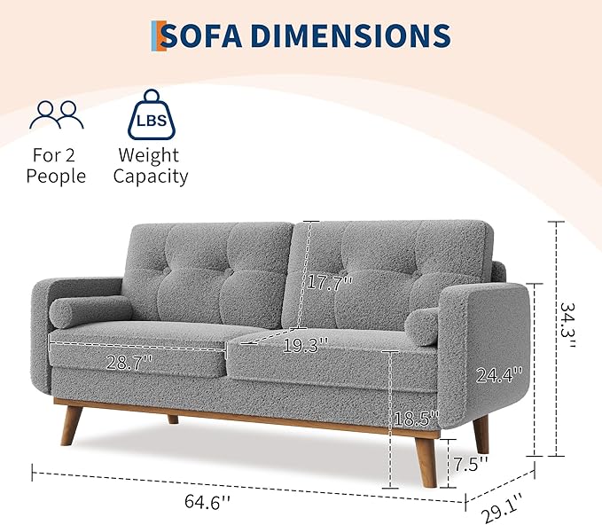 IDEALHOUSE 65" Mid Century Modern Couch Sofa Loveseat, Comfy Love Seat Couches for Living Room, 2 Seater Teddy Fleece Boucle Upholstered Deep Seat Couch for Bedroom Office Small Space, Grey