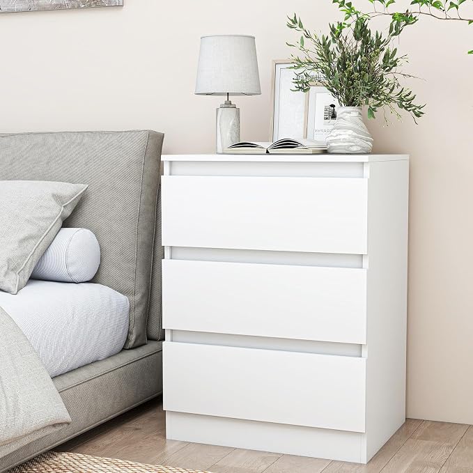 White Nightstand with 3 Drawers,Modern Tall Bedside Table with Storage for Bedroom,End Side Table with No-Handle Design for Living Room by CIPACHOHOMEFURNITURE