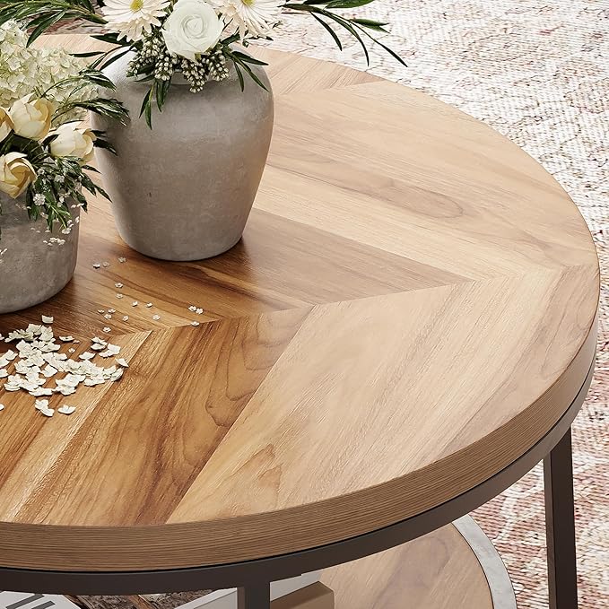 32" Round Coffee Table, Wood Coffee Table for Sectional Sofa with 2-Tier Storage Shelves, Farmhouse Center Table with Wood Grain Desktop, Easy to Assemble