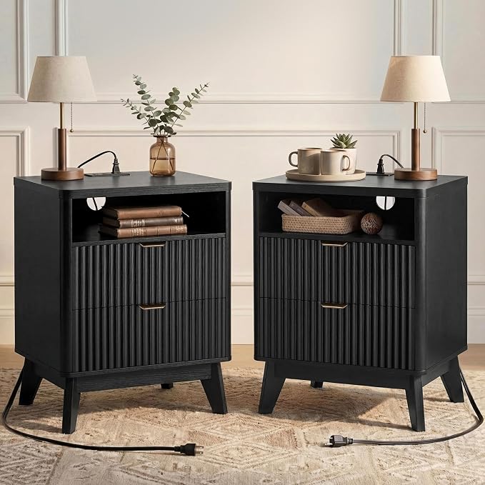 LYNCOHOME Fluted Nightstand with Charging Station, 19.7 inch Wide End Table with 2 Drawers, Modern Wood Bedside Table for Bedroom, Night Stand Set of 2, Black by LYNCOHOME