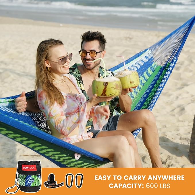 Lazy Daze Hammocks Handwoven Mayan Hammock, 10.5 FT Soft Rope Double Hammocks, Portable Outdoor Hammock with Carry Bag, 2 Straps & Carabiners for Patio Outside, 550 lbs Weight Capacity, Blue/Green - Image 5