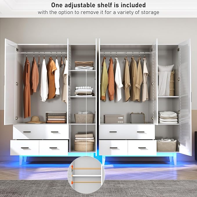 Hlivelood 3 Door Armoire Wardrobe Closet Cabinet with Drawers and LED Lights, Multi-Tier Shelves, Hanging Rod & 3 Louver Doors, Large Capacity Storage Wardrobe Armoire for Bedroom, White