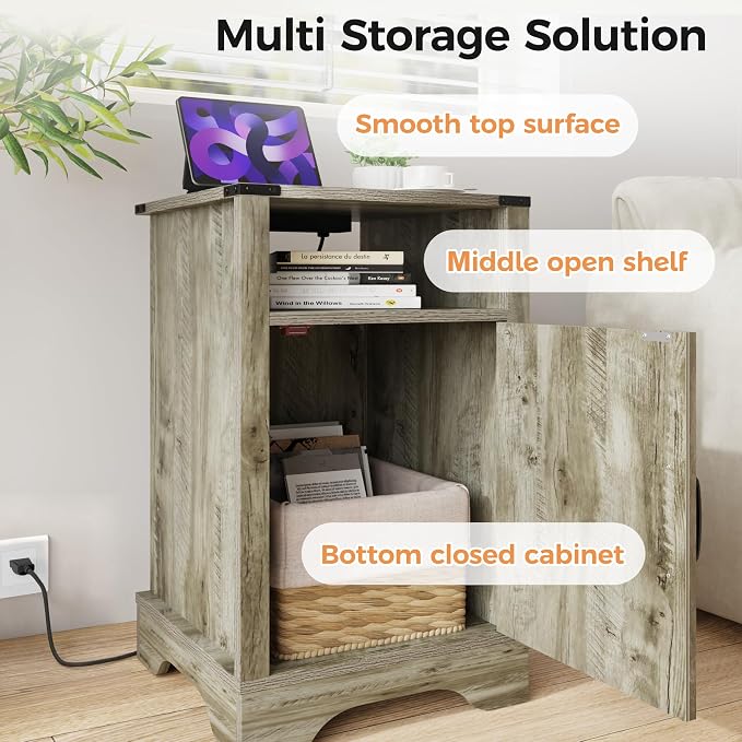 RoyalCraft Farmhouse Nightstand, End Table with Charging Station, Tall Bedside Table with Large Storage Room and Shelf, Wooden Rustic Side Table for Bedroom, Home Office, Light Grey - Image 6