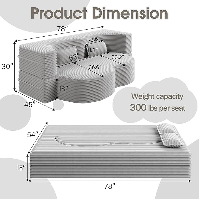 78" Convertible Sofa Bed, 2-in-1 Folding Floor Couch with 2 Pillows, Sleeper Sofa for Living Room and Bedroom, No Assembly Required (Light Grey, Corduroy Fabric)