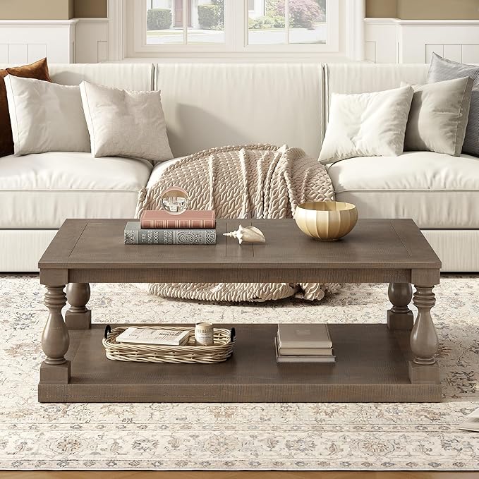 P PURLOVE Solid Wood Coffee Table, Modern Farmhouse Coffee Table/Center Table with Storage Rectangle for Living Room,Brown