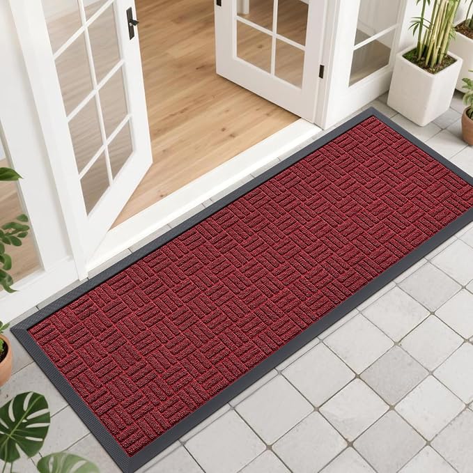 OLANLY Front Door Mat Outside Entrance 47x17, Absorbent, Heavy Duty Sturdy Natural Rubber Doormat Indoor Outdoor, Non-Slip, Stain and Fade Resistant, Low Profile Floor Mat for Entryway, Black Red by OLANLY