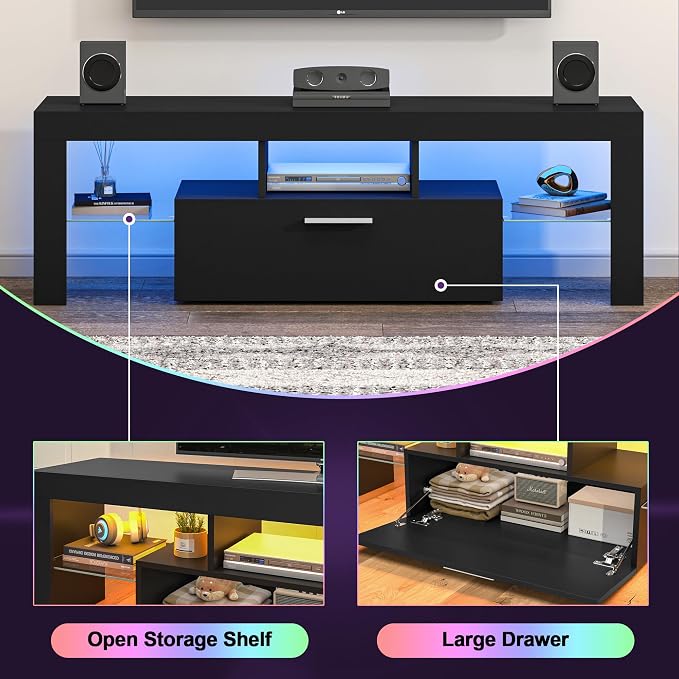 Clikuutory Modern Lighting 51 inch TV Stand with Large Storage Drawer for 32 40 50 55 Inch TVs, TV Console with 20 Color LED Lights, Entertainment Center Media and Open Shelf for Bedroom, Black - Image 4