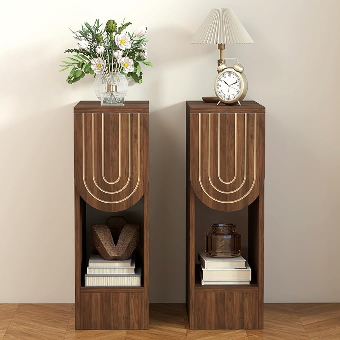weselon Narrow Nightstand, Mid-Century Modern Bedside Table with Carved Drawer and Storage Shelf, Slim Side End Table for Bedroom Small Space, Wooden Farmhouse Night Stand (1, Walnut) - Image 6
